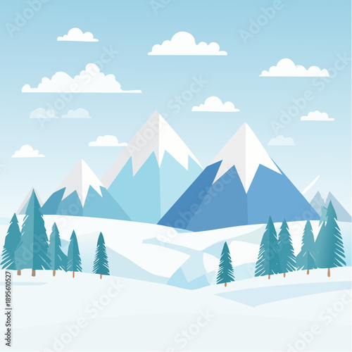 Minimalist winter landscape illustration with mountains and pine trees, perfect for backgrounds