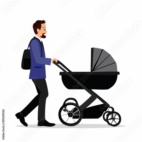 Modern dad taking a leisurely stroll pushing his baby in a stylish black stroller