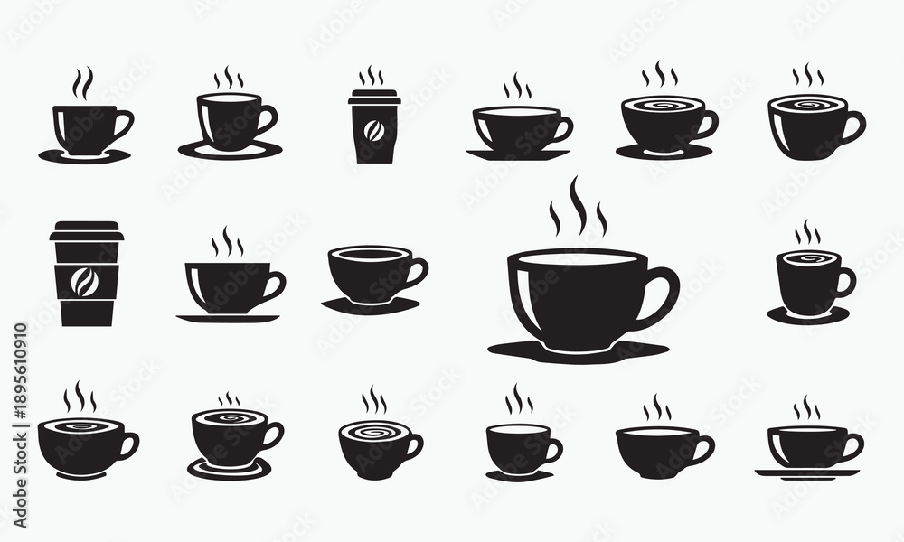 Fototapeta premium Vector Cups of coffee or tea collection , Coffee cup , Cup coffe with steam , Coffee cup icon set in flat design