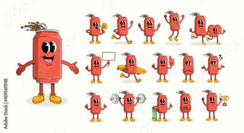 soda can collection groovy cartoon illustration