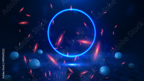 Blue circle with red sparks surrounding it. The blue circle is surrounded by a lot of red sparks, creating a dynamic and energetic atmosphere. The red sparks are scattered all around