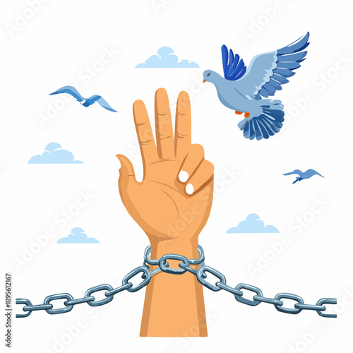 Symbol of freedom and peace representing breaking chains with a dove flying away