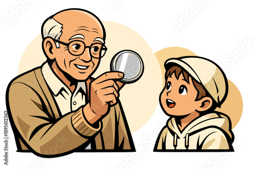 Grandfather shows coin to excited grandson illustration.
