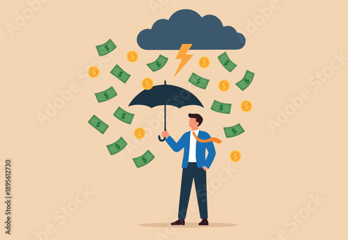 Make money idea, passive income or profit and dividends from stock market investment, financial success concept, rich businessman using umbrella to collect falling money from investment thunderstorm