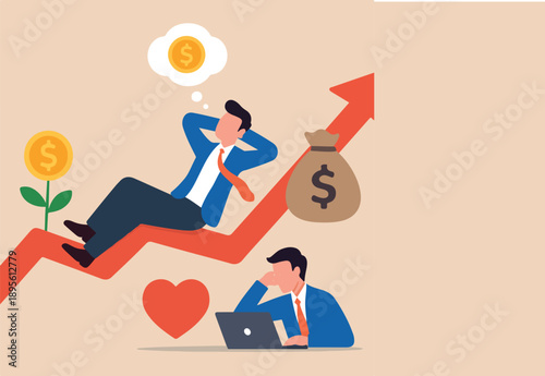 : Success investment earn more profit or easy growing return mutual fund, make money from cryptocurrency trading or dream about being rich concept, businessman investor relax and sleep on growing grap