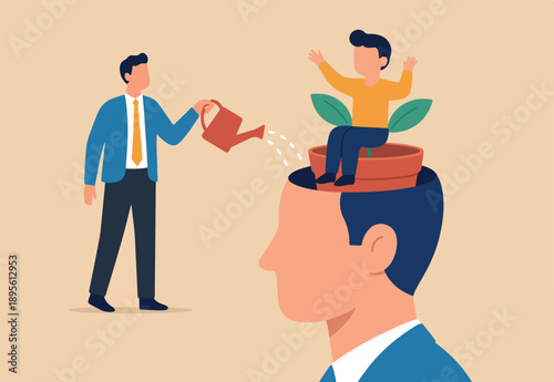 Teaching and learning to develop new skill or wisdom, inspiration or advice to achieve success, growth mindset or knowledge transfer concept, cheerful man from teacher head watering student seedling