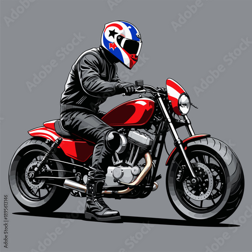 biker wearing a racing helmet riding a cafe racer motorbike