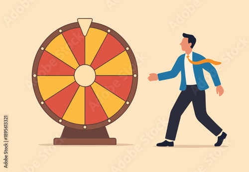  Life depend on luck, fortune wheel randomness, chance and opportunity to get new job, investment winning or gambling concept, excite businessman looking at spinning fortune wheel waiting for luck.