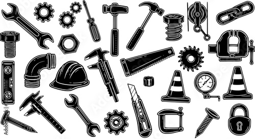 Black and White Line Art Vector of Construction Tools and Equipment