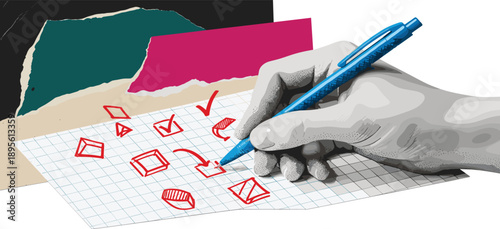 A hand holding a pen marks a checklist on a grid paper with various symbols and checkmarks from a close-up viewpoint indoors