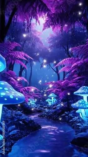 Enchanted forest with glowing mushrooms and purple foliage at night  