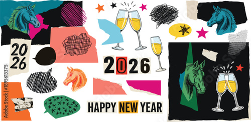 Vibrant New Year's celebration illustration featuring champagne glasses and abstract shapes