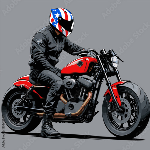 biker wearing a racing helmet riding a cafe racer motorbike