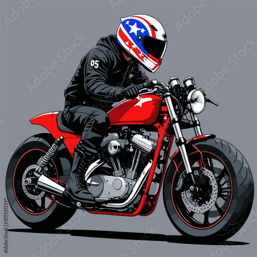 biker wearing a racing helmet riding a cafe racer motorbike