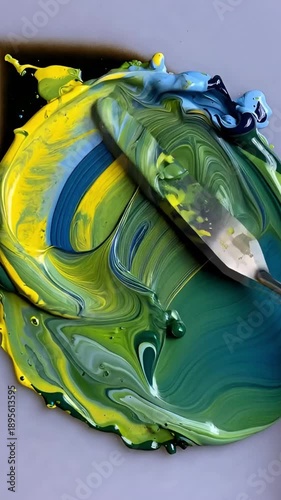 Colorful paint palette with mixing knife on gray background  