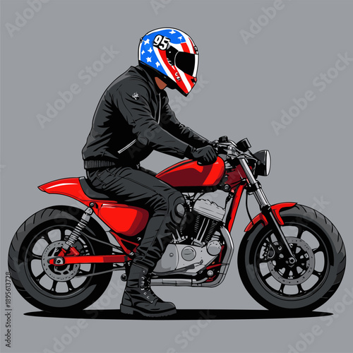 biker wearing a racing helmet riding a cafe racer motorbike