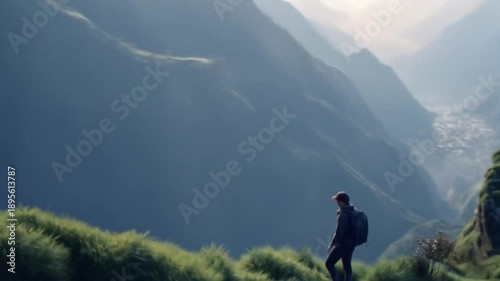 Person walks mountain ridge with lush green foliage and distant valley