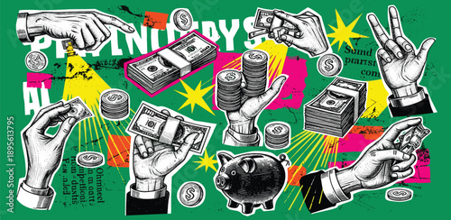 Hands exchanging money and valuables in a vibrant, celebratory scene with cash and coins