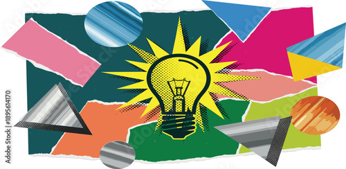 Creative idea generation concept with lightbulb and colorful shapes in a dynamic abstract illustration from a top view