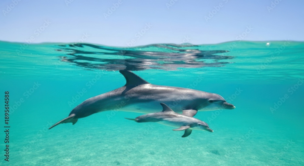 Obraz premium Underwater shot of a mother dolphin and her calf swimming in clear turquoise waters