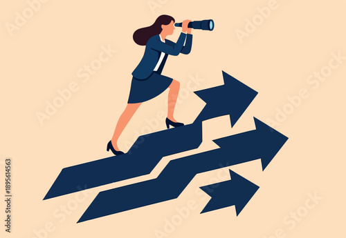  Searching for growth opportunity, vision to look and see future, challenge ahead or motivation to grow business concept, businesswoman on arrows look through binoculars to find business opportunity
