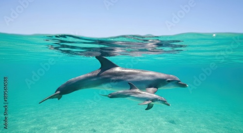 Wallpaper Mural Underwater shot of a mother dolphin and her calf swimming in clear turquoise waters Torontodigital.ca