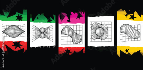 Mathematical diagrams and shapes displayed on vibrant colored backgrounds