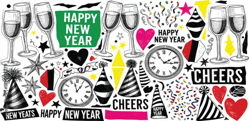 Vibrant New Year's celebration elements collage with party hats and champagne flutes illustration