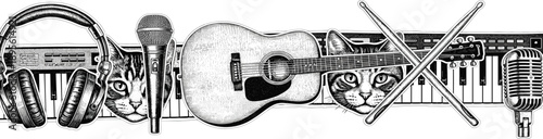 A collection of musical instruments and accessories arranged together on a plain surface