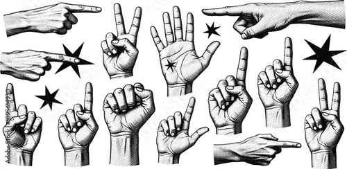 Collection of hands pointing and gesturing with fingers in various directions surrounded by stars