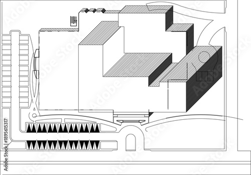 Technical vector illustration of a 3D building massing study and site plan, featuring hatched roof volumes, parking areas, and landscape pathways.