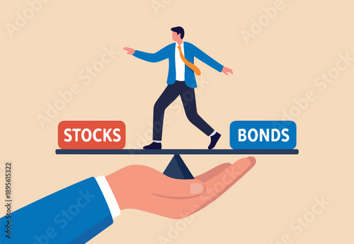  Stocks vs bonds in investment asset allocation, risk assessment portfolio or expected return in long term mutual funds, pension fund concept, businessman investor balance on to bond man stand