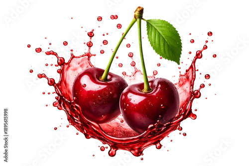 fresh ripe cherry with cherry juice splash isolated on transparent background
