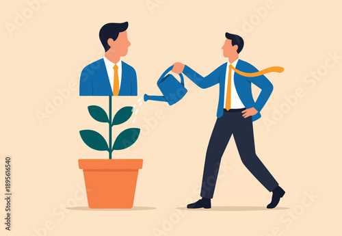 Personal development, self improvement or career growth, coaching or training to success, motivation to growing, develop skill or attitude concept, confidence businessman watering self on plant pot.