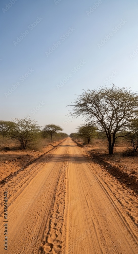 Naklejka premium Dusty Road Through the African Savannah Under a Clear Sky.