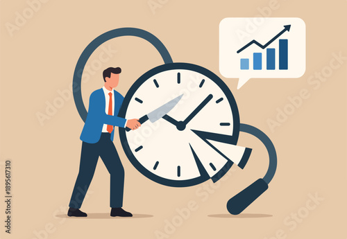 Time or attendance tracking system, analyze work efficiency in project management, productivity, workflow or effort, time spending to finish task concept, businessman cut clock in piece to analyze.