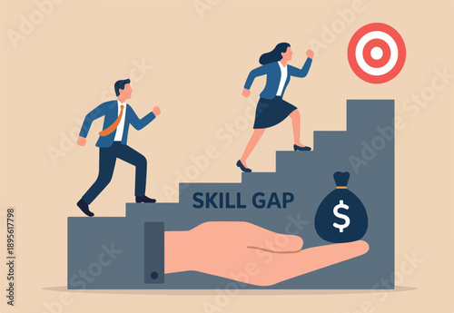  Skill gap, employee difficulty or difference knowledge, competence or career problem, talent obstacle or opportunity challenge concept, business people climb up stair to find sill gap to reach goal..