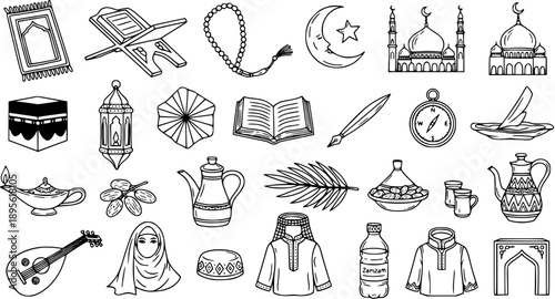 Islamic Icons Collection - Black and White Line Art Symbols for Ramadan and Eid