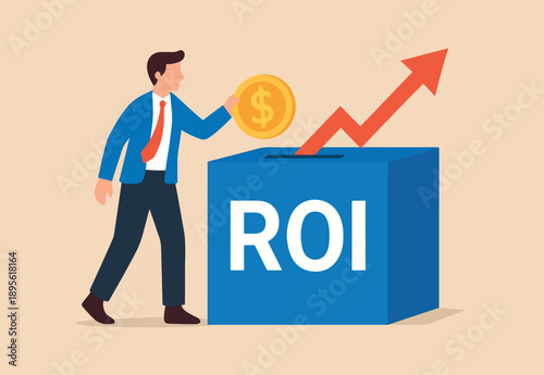 ROI, return on investment performance measure from cost invested and profit efficiency, marketing cost to get campaign success concept, businessman invest money coin in ROI box to get return profit.