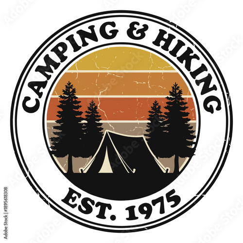 Vintage Camping Badge Featuring Pine Silhouettes, Tents, Sunset Sky, and Retro Distressed Circle Design