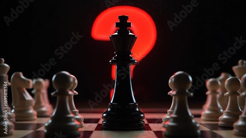 King Confronts Uncertainty: Chess Pieces Encircle Question Mark.