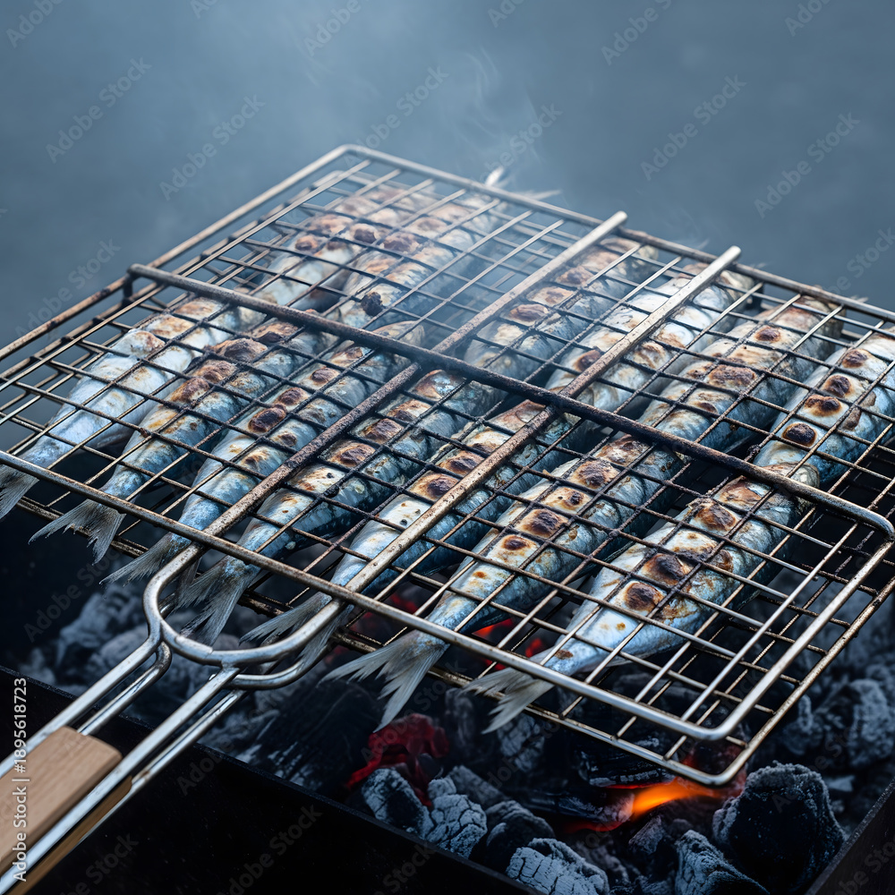 Fototapeta premium Row of fresh sardines with charred skin grilling over hot charcoal in a metal basket with smoke rising against a dark background. Generative AI