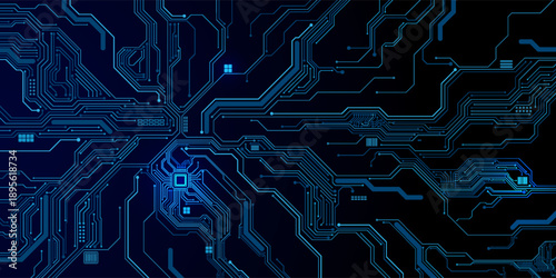 Abstract AI circuit board background. Technology connected blue lines with electronics elements on tech bg. Computer motherboard with a chip, processor, and semiconductor. Digital vector illustration