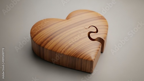 Wooden Heart Puzzle with Missing Piece – Broken Love Symbol, Incomplete Relationship Concept, Striped Wood Grain Closeup