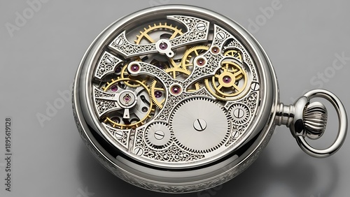 Luxury Silver Pocket Watch with Visible Internal Gears - Concept of Time Management, Engineering, and Precision - Hyper-Detailed Macro