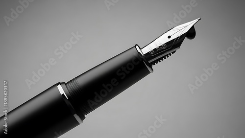 Professional Black Fountain Pen with Blue Ink Drop - Concept of Writing, Signature, and Creative Literature