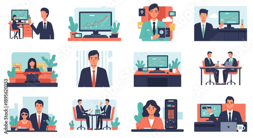 Flat Design Business Illustration Set: Office Workers, Corporate Meetings, Financial Analysis, and Professional Success Concepts.