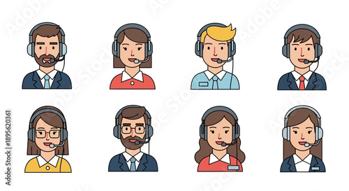 Call Center Avatars Set - Diverse Customer Service, Support, and Telemarketing Agents with Headsets.