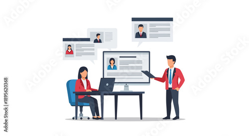 HR Team Analyzing Digital Resumes and Candidate Profiles. Job Selection, Hiring Process, and Talent Acquisition Vector Illustration.