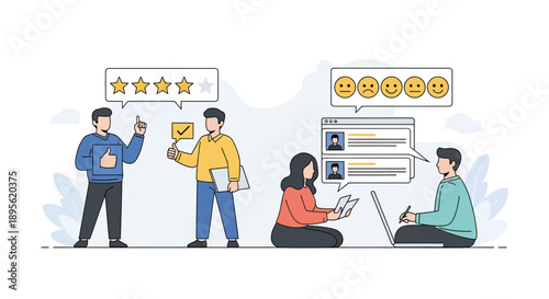 Customer Feedback Management Concept. People analyzing online reviews, 5-star ratings, and sentiment data to improve service quality and user experience.